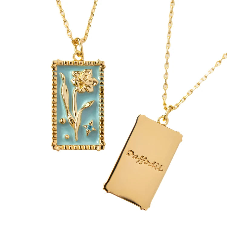 Enamel Birth Flower Pendant Necklace